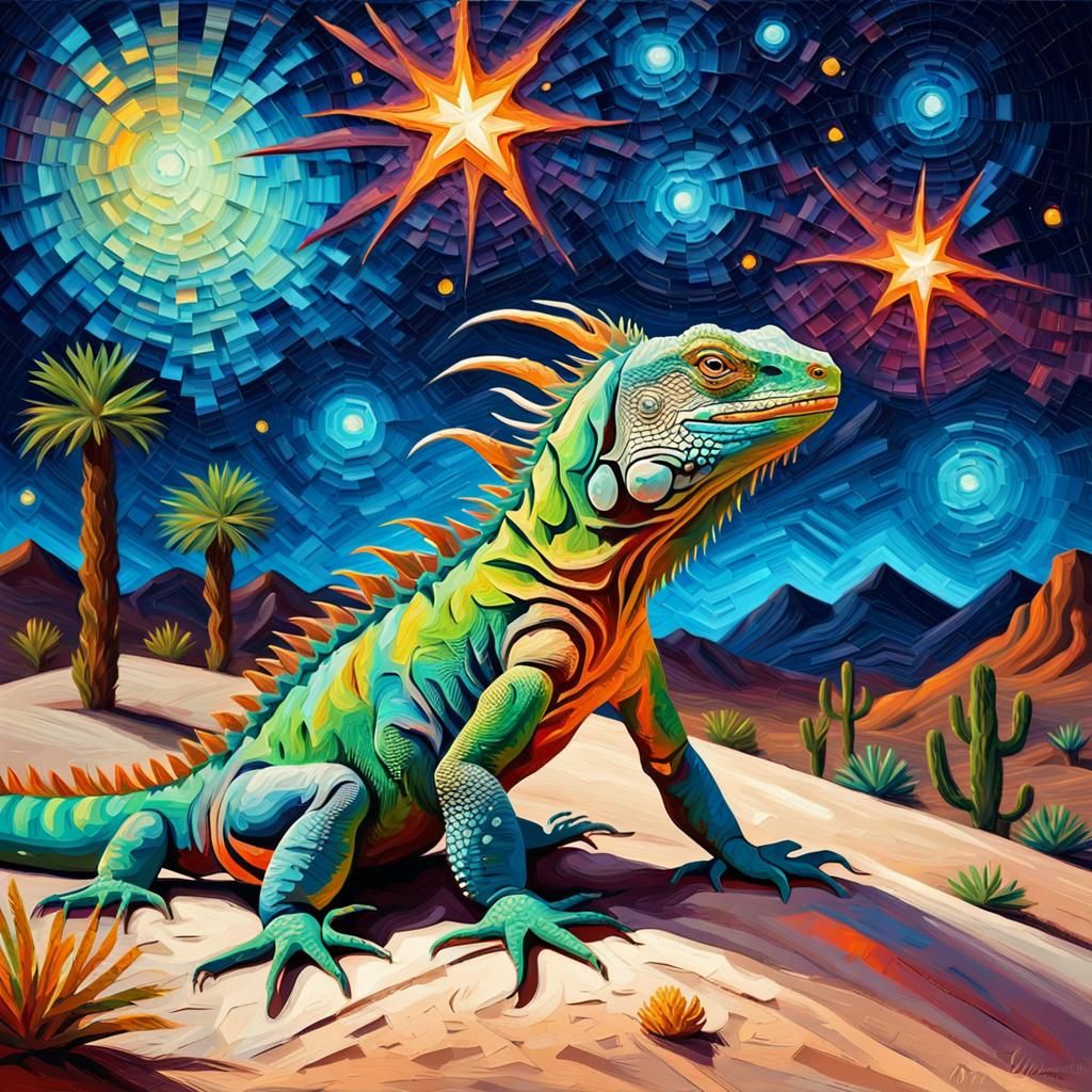 Iguana Under Starry Desert Sky as Impasto Painting