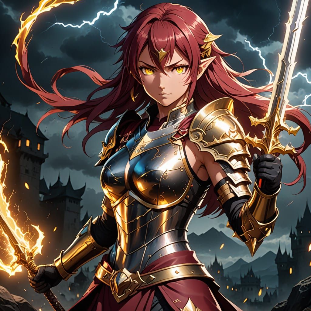 Anime Warrior Goddess in Golden Dragon Armor