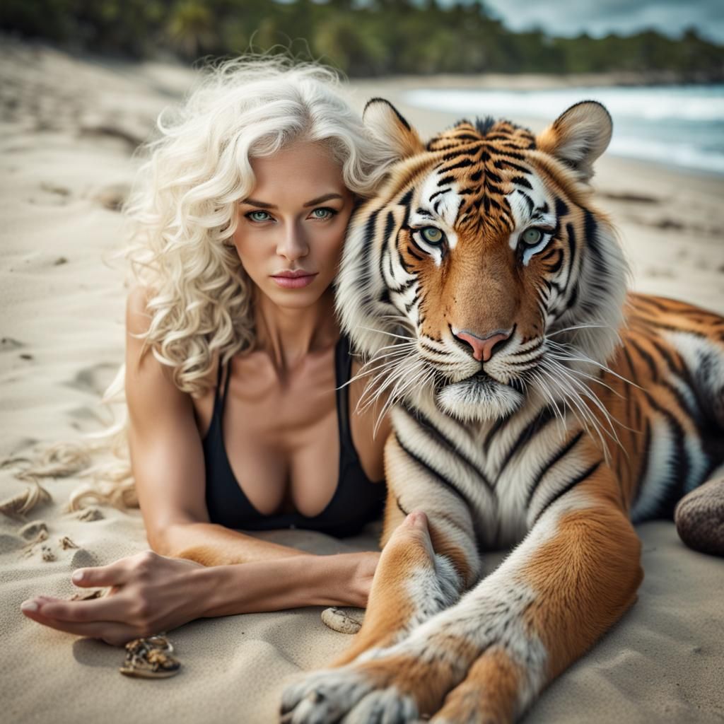 Woman and Tiger on Tropical Beach in HDR