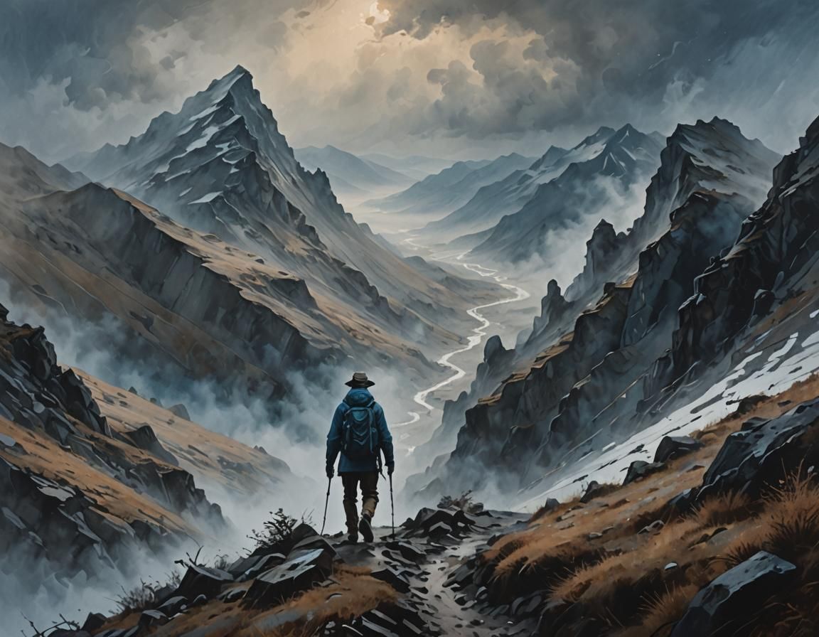 Eerie Hiker Navigates Misty Mountain Landscape