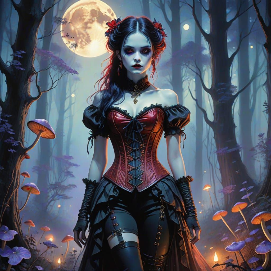 Goth Beauty in Moonlit Forest with Bioluminescent Fungi