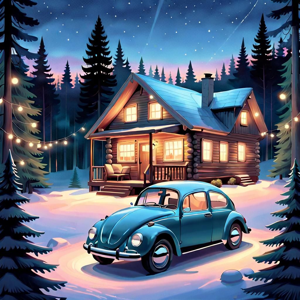 Cozy Cabin Scene with Classic VW Beetle