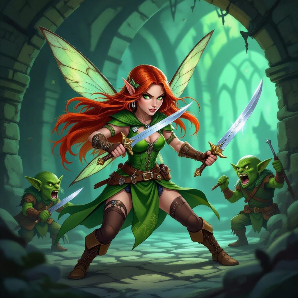 Fairy Thief Fights Goblins in D&D Dungeon
