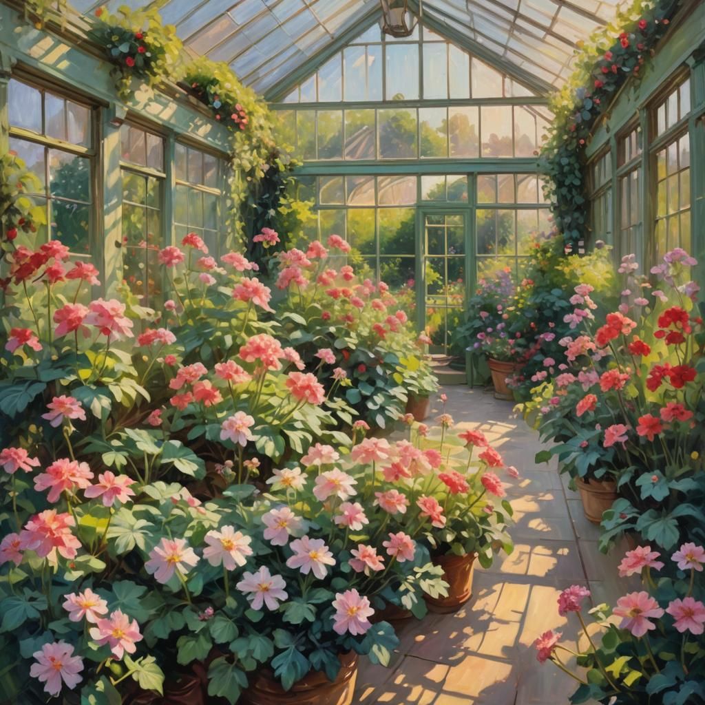 Greenhouse Pelargoniums in Impressionist Oil Painting Style