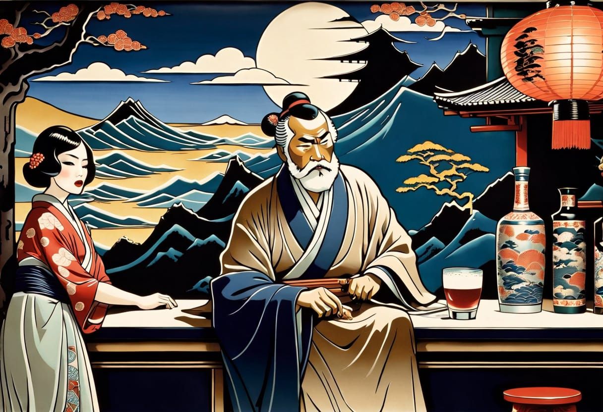 Gritty 1920s Kyoto Noir Samurai Scene in Art Deco Enamel