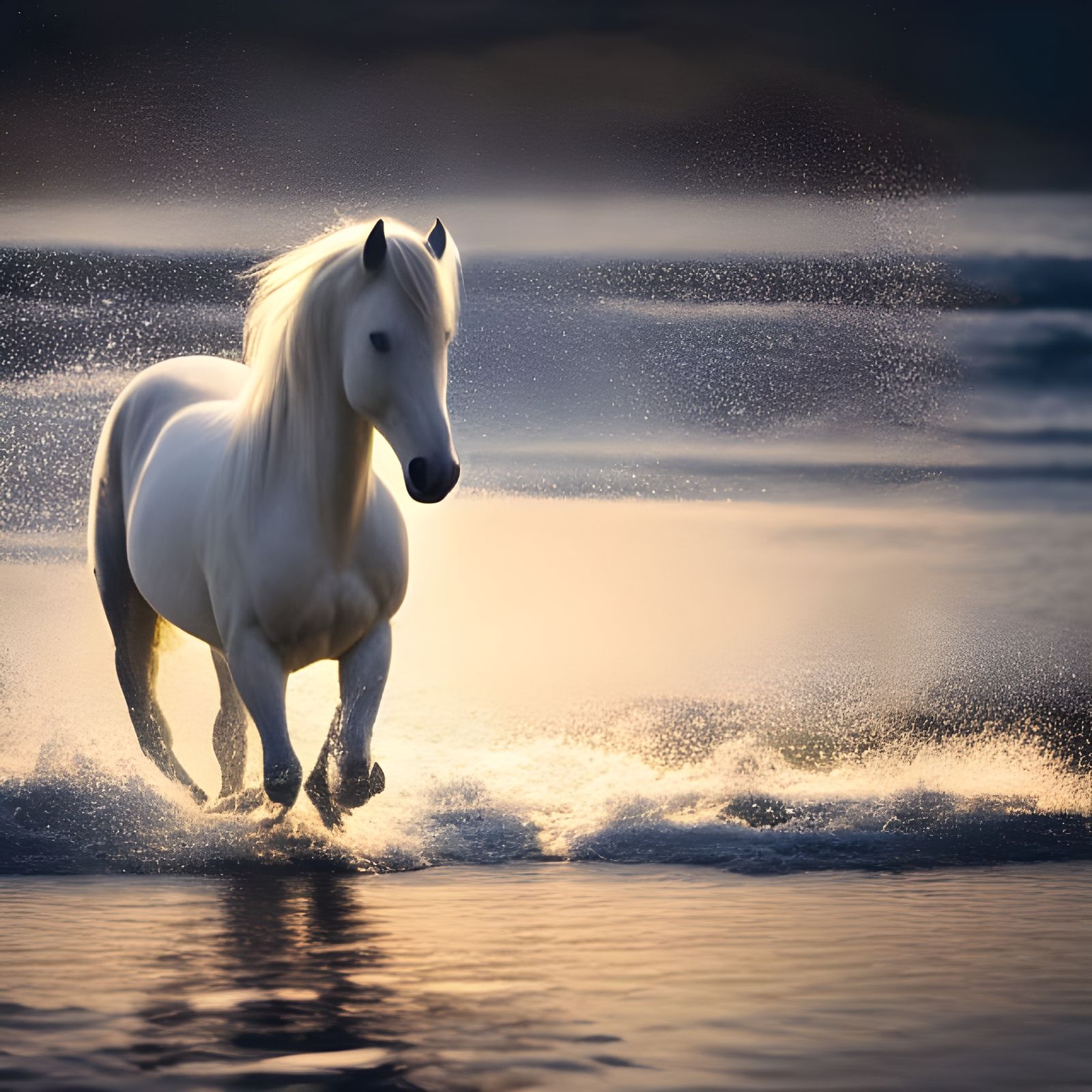 White Horse Splashing at Seaside: Golden Hour Photography