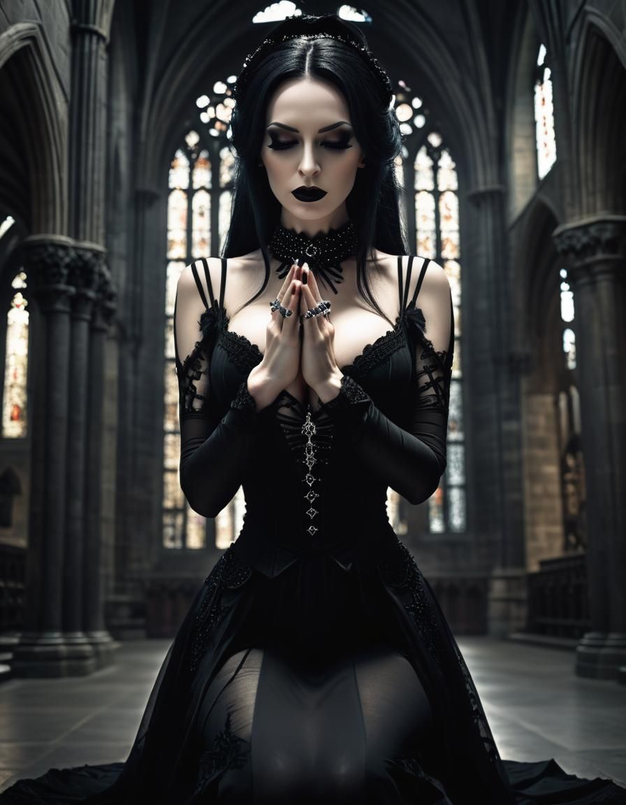 Gothic Woman Praying in Dark Cathedral