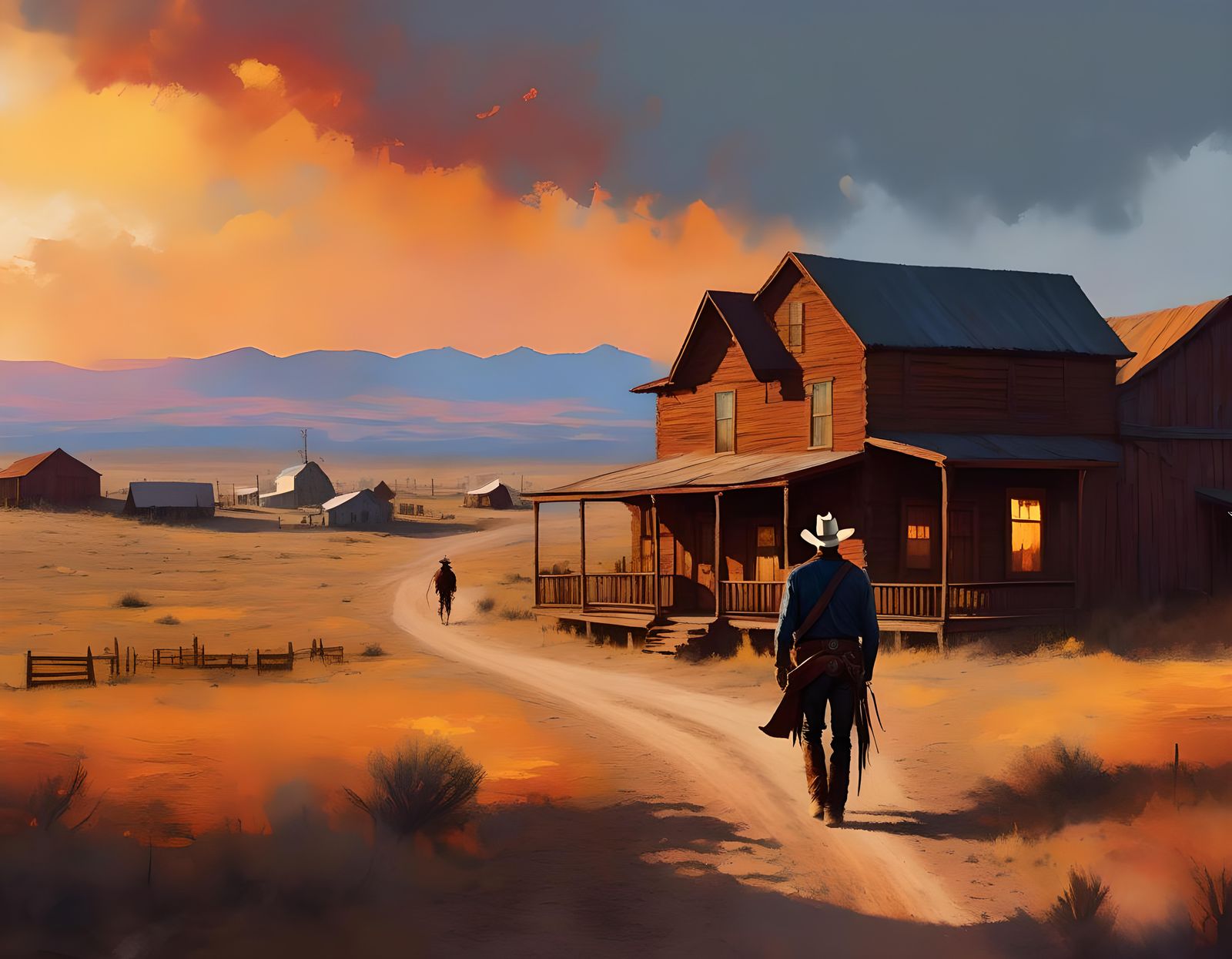 Cowboy Walks to Wild West Town at Sunset
