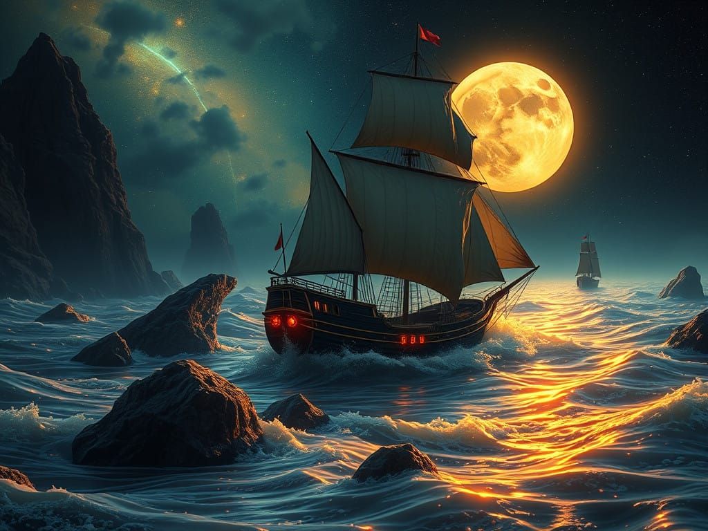 Gilded Age Galleon on Pluto's Liquid Methane Sea