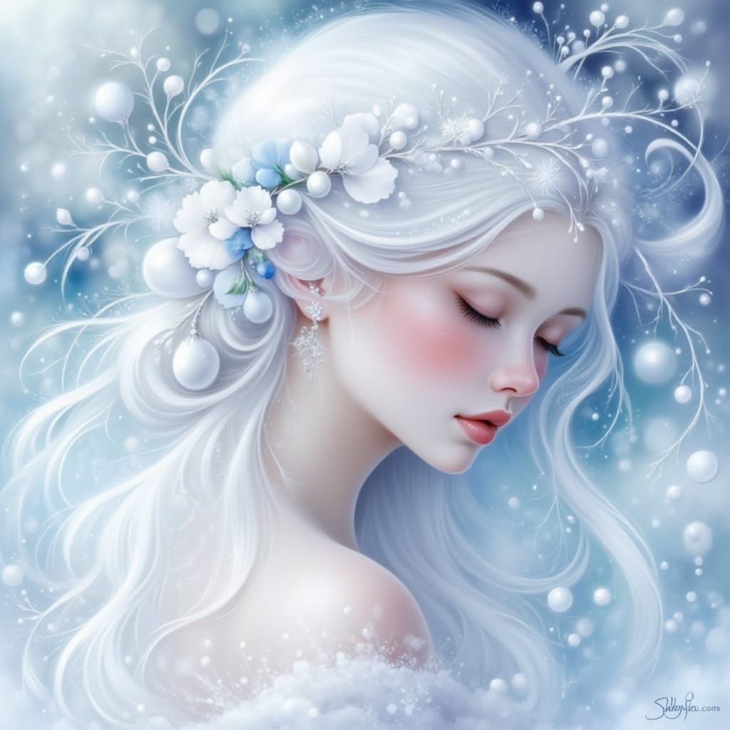 Ethereal Winter Woman Portrait as Snow