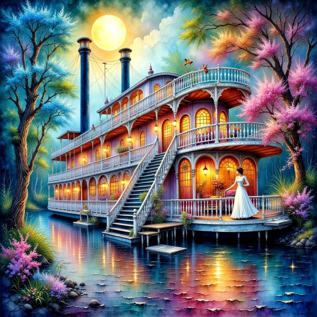 Showboat at Dusk: An Impasto Watercolor Painting