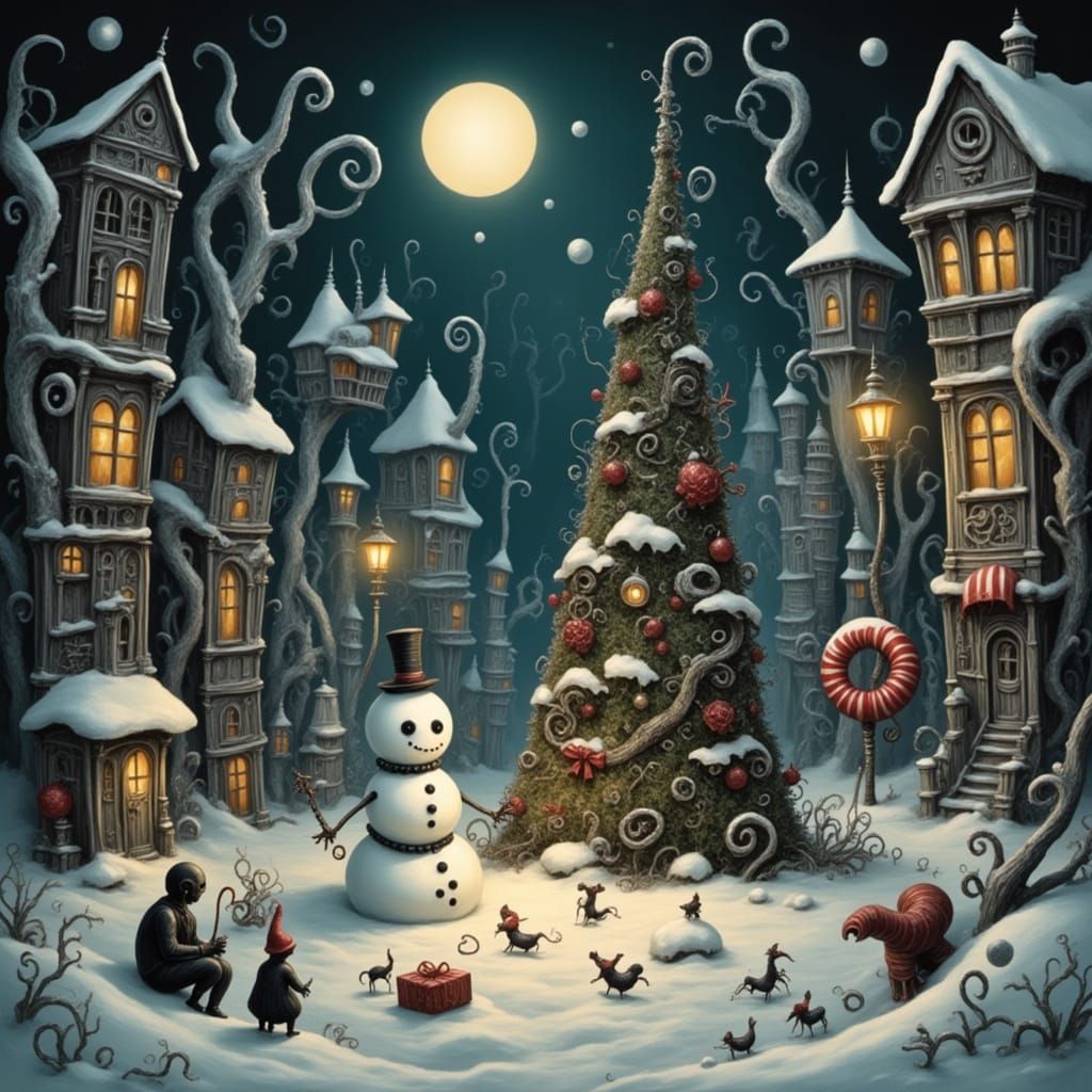 An outdoor Tim Burton–style Christmas scene set in a crooked...
