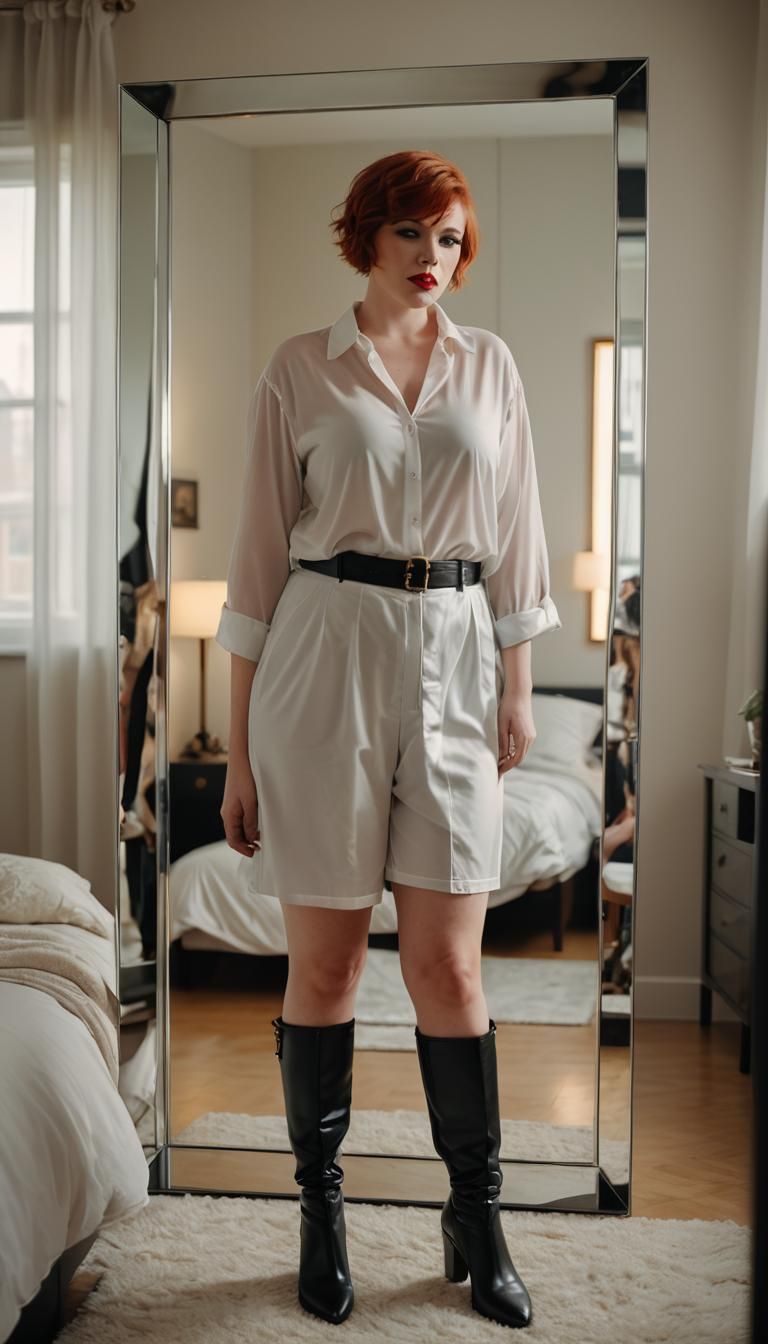 Woman in Leather Before a Mirror, Cinematic Style