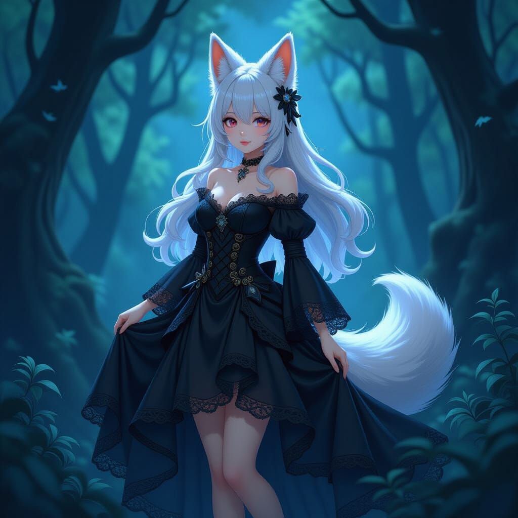 Fox Girl in Dark Forest: 3D Anime Art