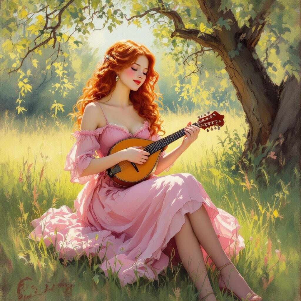 Red-Haired Woman Plays Mandolin in Sunlit Meadow