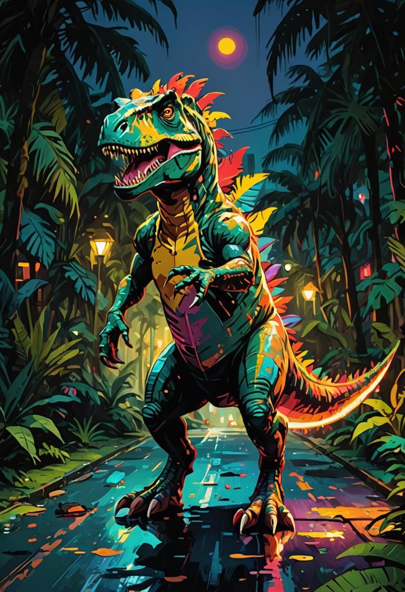 Flamboyant T-Rex in Tropical Pop Art Style