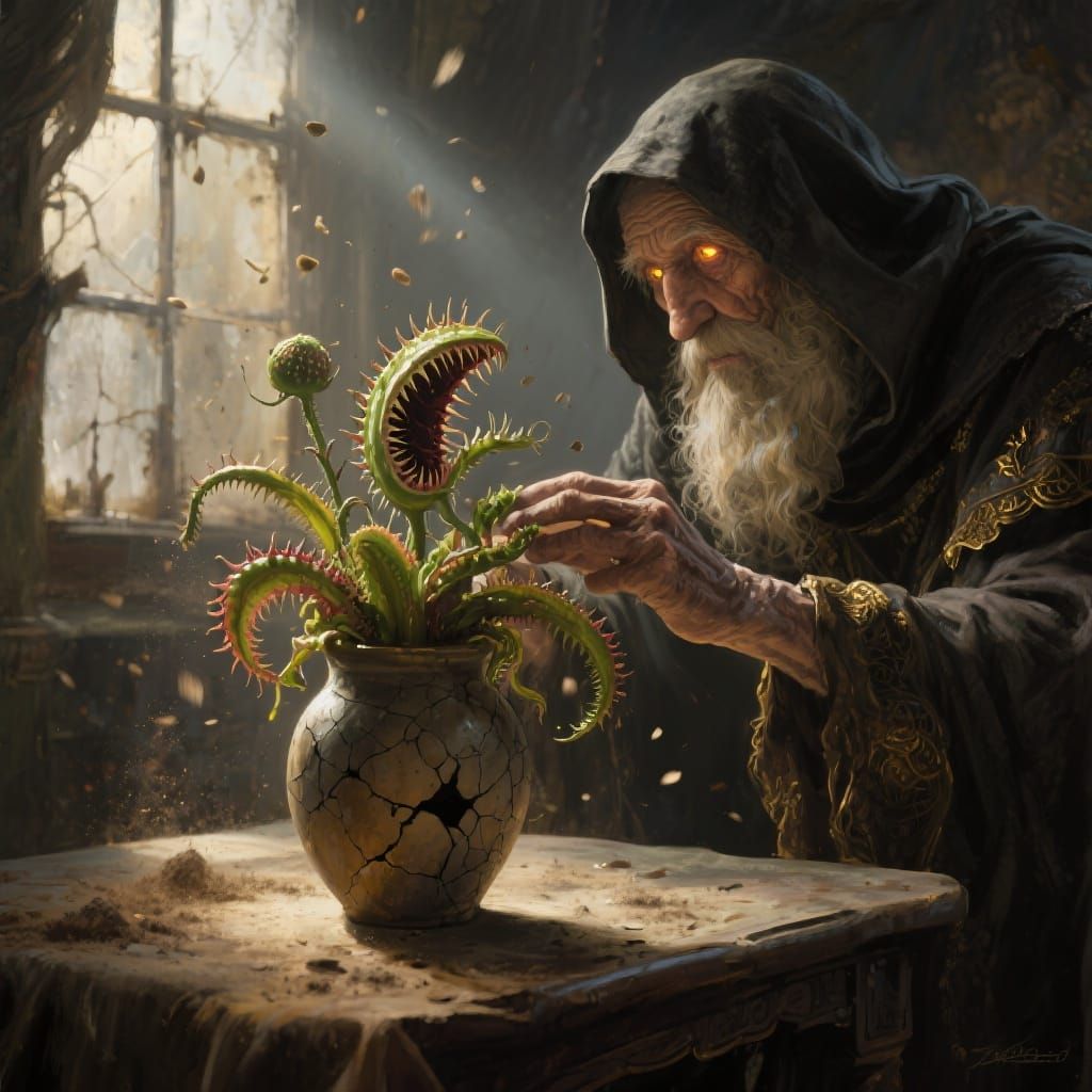Hooded Man Tending a Carnivorous Plant as Oil Painting