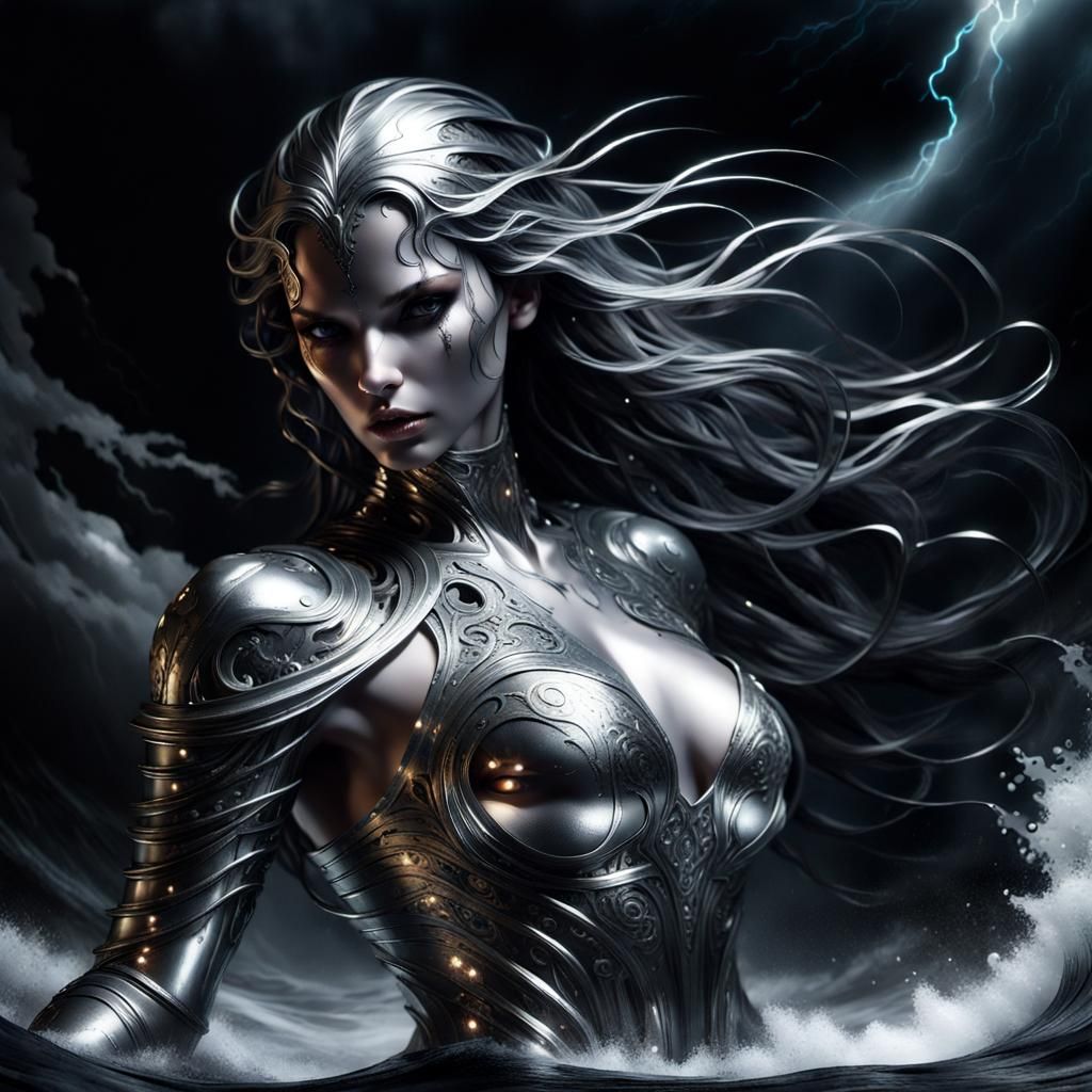 Dramatic Metal Elemental in Stormy Landscape