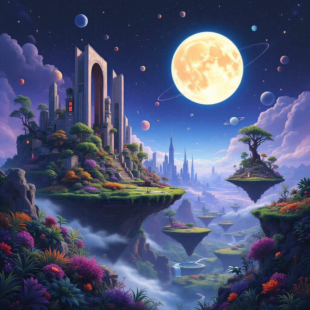 Fantastical Moonlit Landscape with Floating Islands