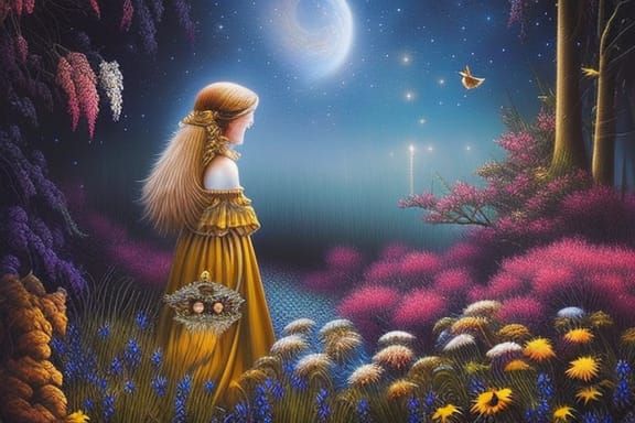 Girl with Dogs in Fairytale Vector Art