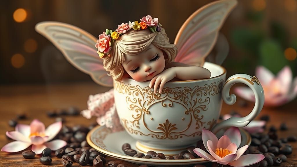 Fairy Resting on Coffee Cup in Embossed Metal Style