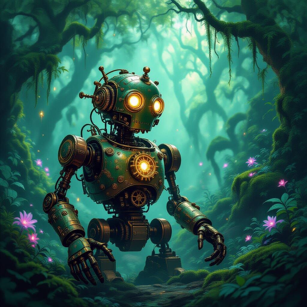 Moss-Covered Automaton Guarding Glowing Mystical Forest