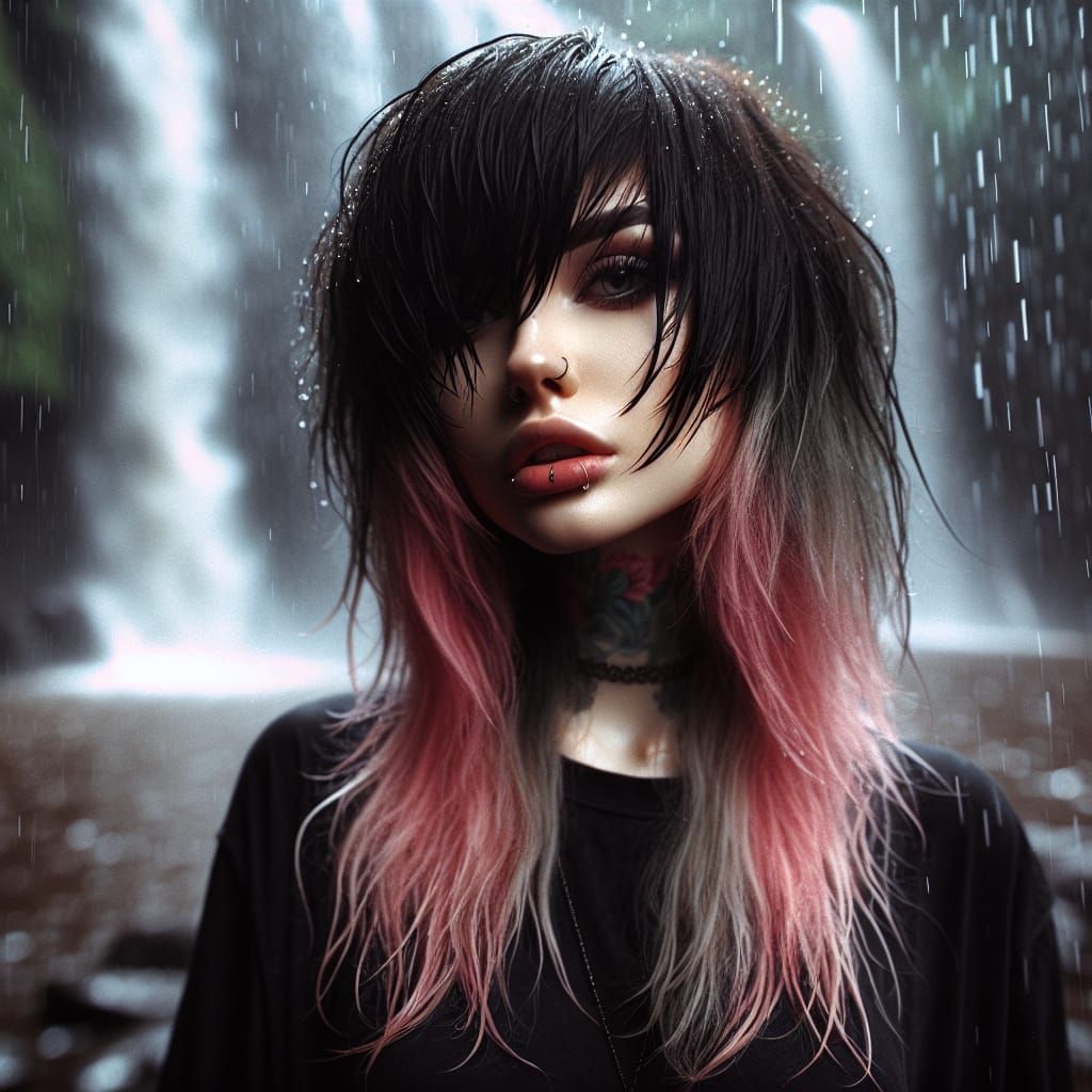 Emo Woman in Waterfall: Dramatic Cinematic Still