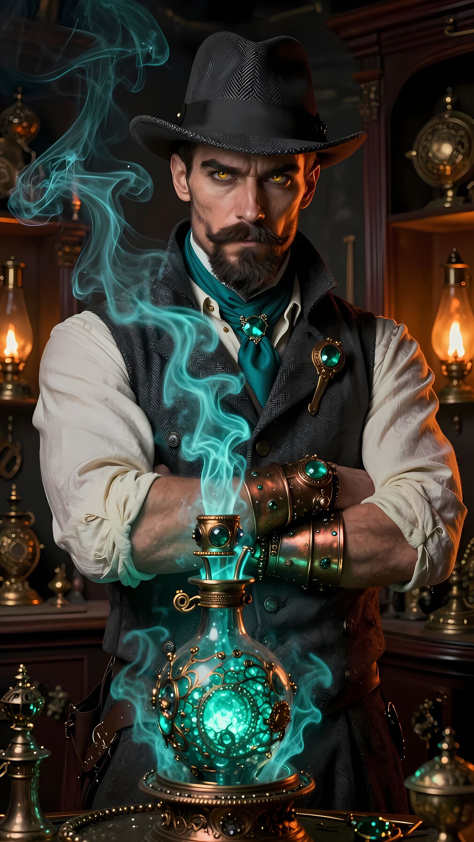 Steampunk Genie Emerges from Ornate Bottle