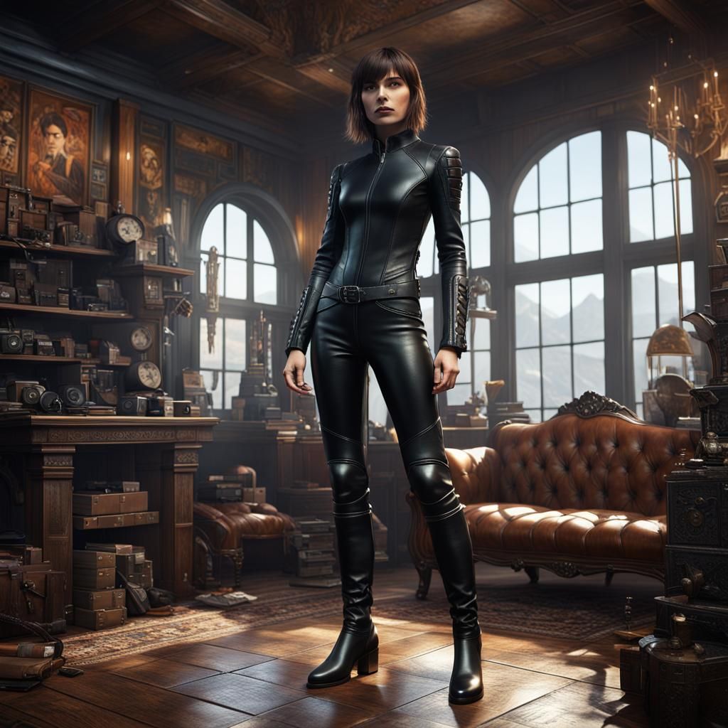 Woman in Leather Catsuit Shopping, Fantasy Concept Art