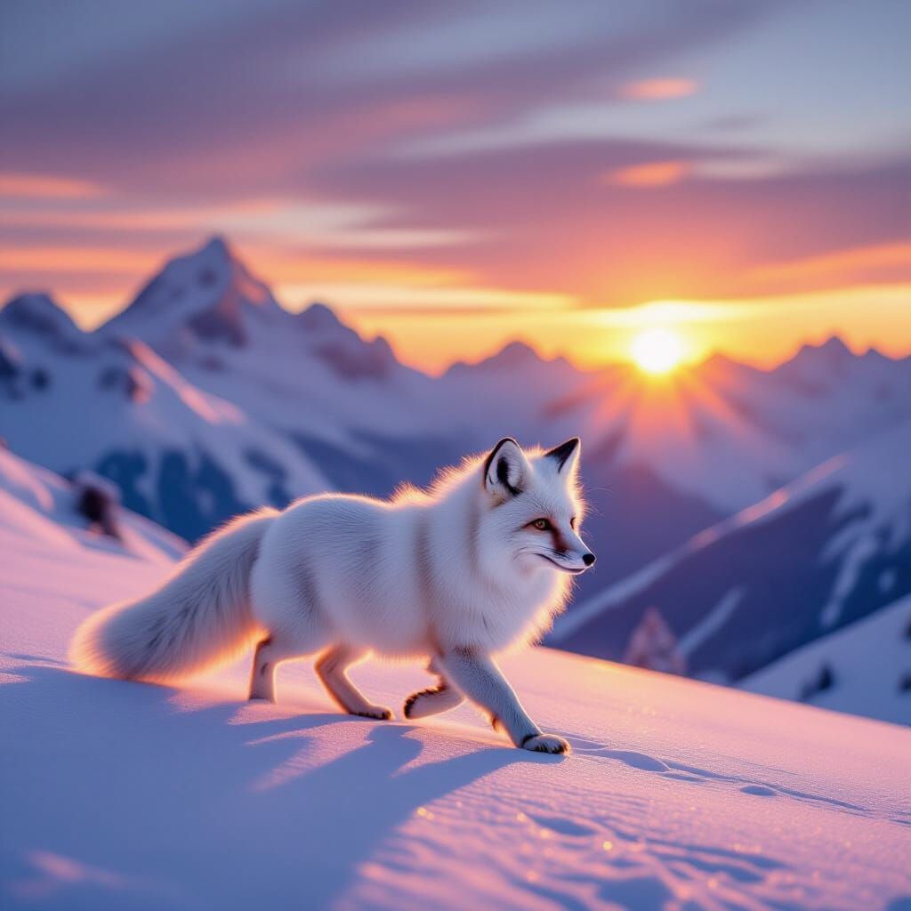 Snow Fox in Swiss Alps at Sunset