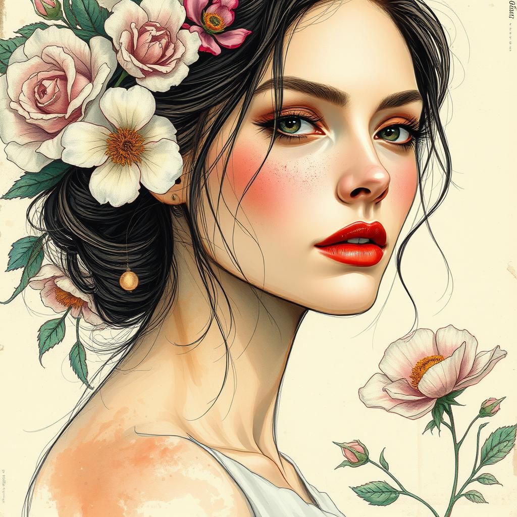 Woman's Face in Gouache and Ink with Floral Background