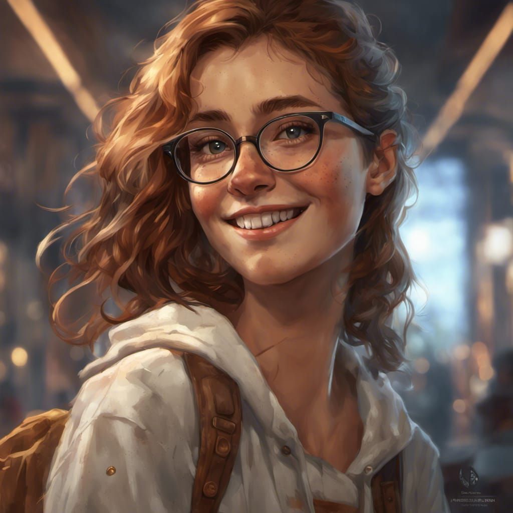 Freckled Girl Portrait with Braces in Digital Art Style