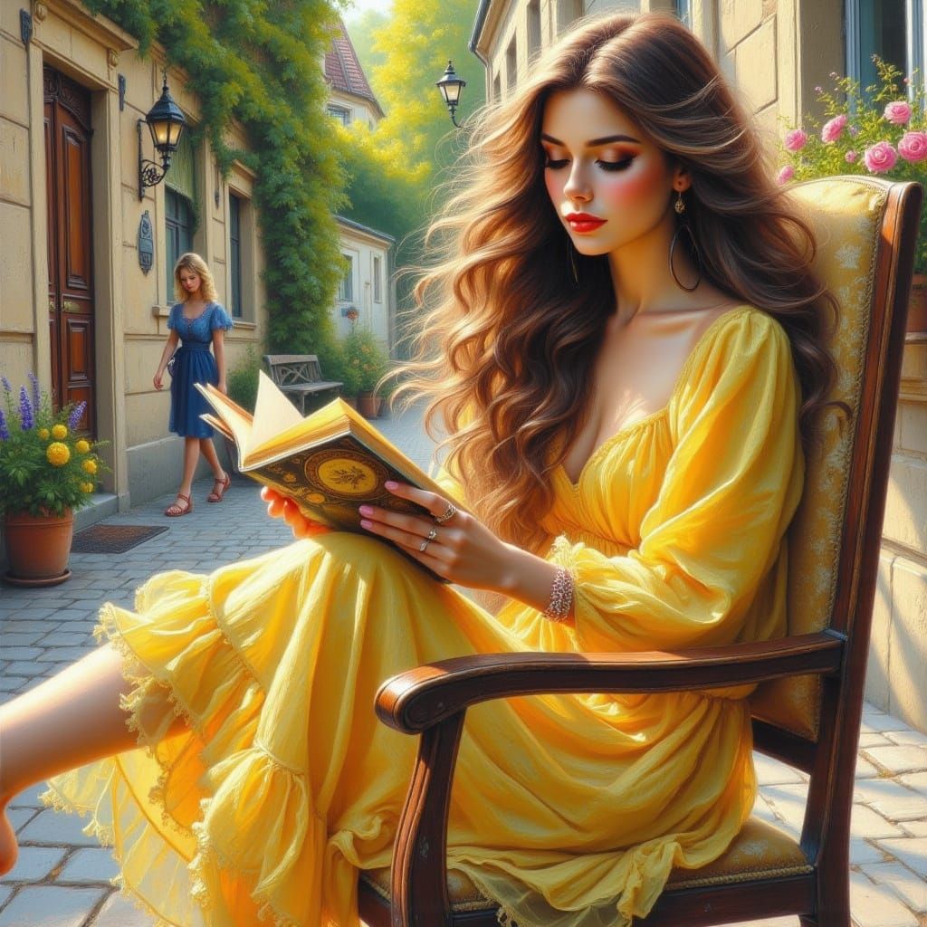 Woman Reading in Village Square, Expressive Oil Painting