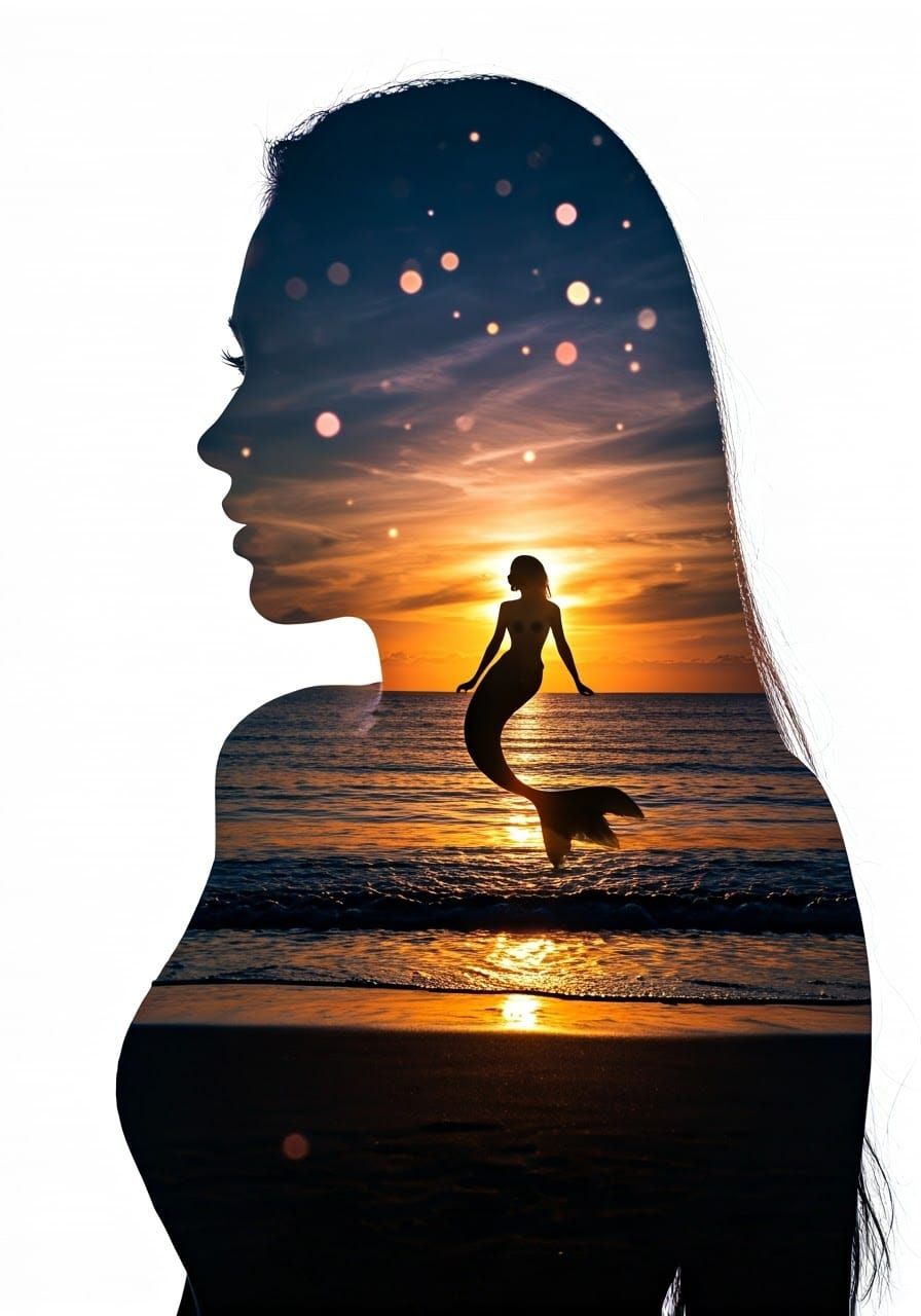 Woman's Silhouette with Mermaid Silhouette on Sunset Beach