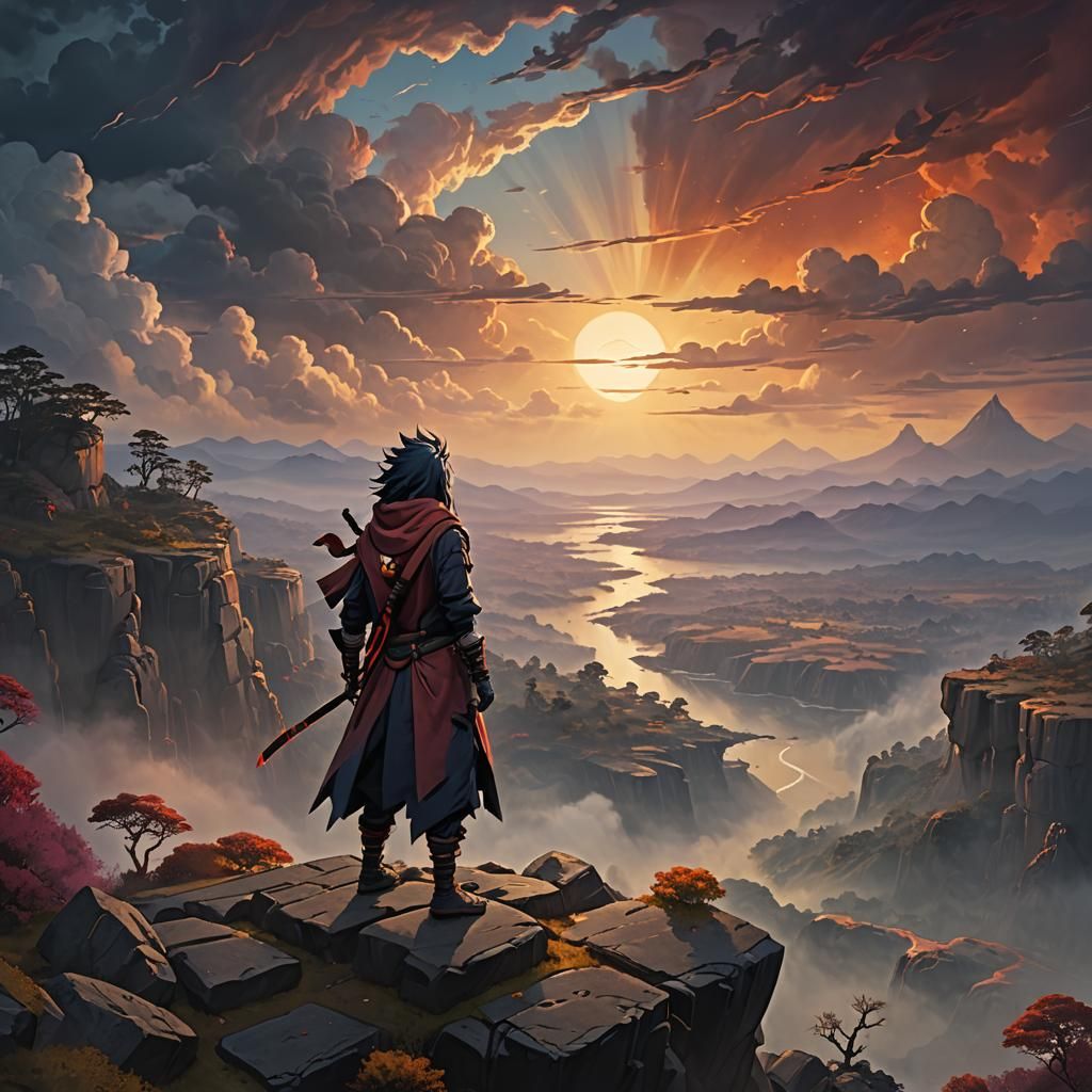 Epic Fantasy Landscape with Powerful Figure in Oil Paint