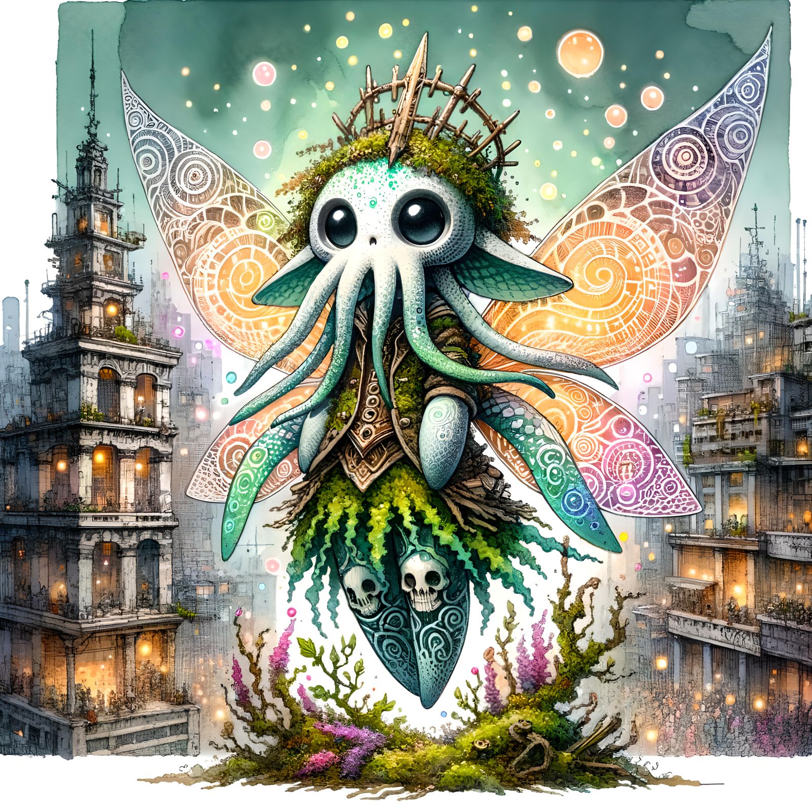Eldritch Fairy Squid in Urban Landscape as Watercolor