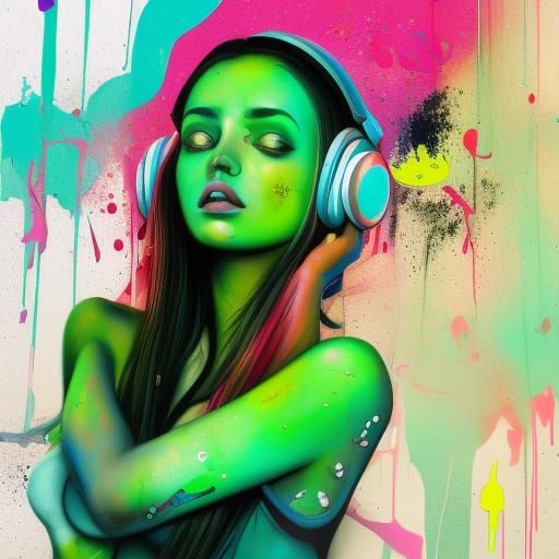 Graffiti Girl with Headphones in Splash Art Style