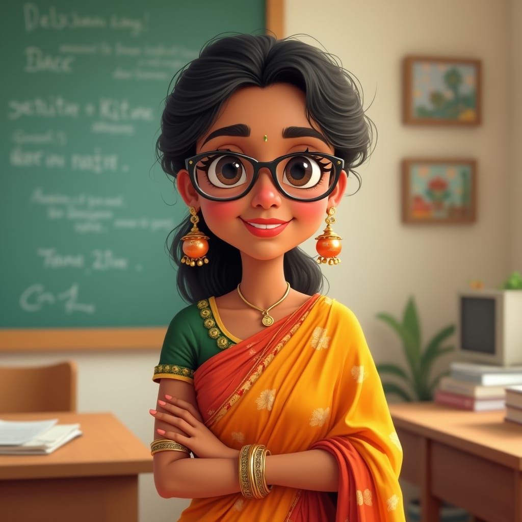Vibrant Indian Teacher in Whimsical Folk Art Style