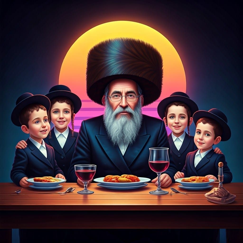 Hassidic Family Dinner in Synthwave Neon Style