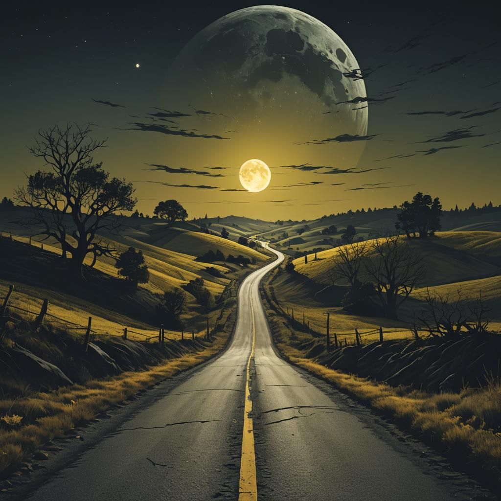 A long dark road in the country side under a yellow moon volumetric lighting hyperrealism surrealism digital illustratio...