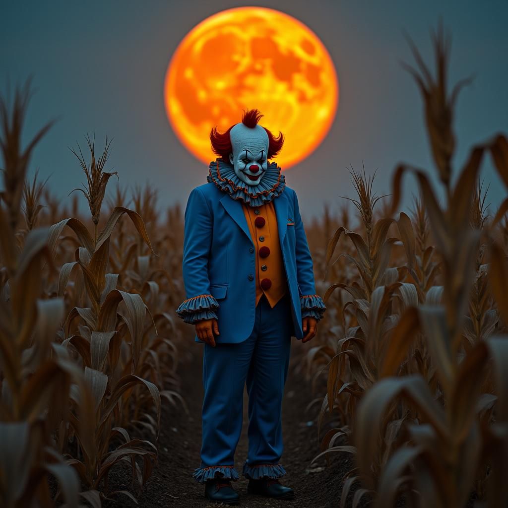 Evil Clown in Cornfield Under Harvest Moon