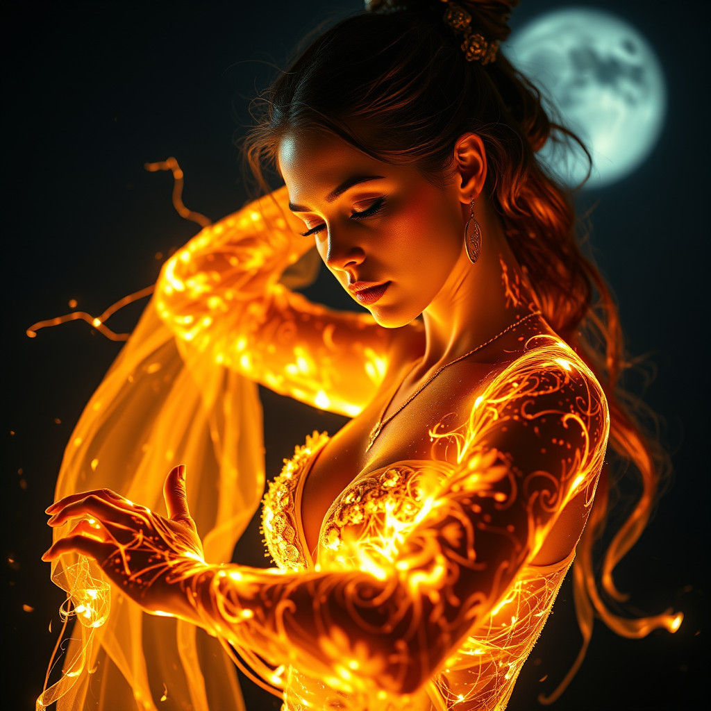 Exotic Fire Dancer in Moonlight: Hyperrealistic Portrait