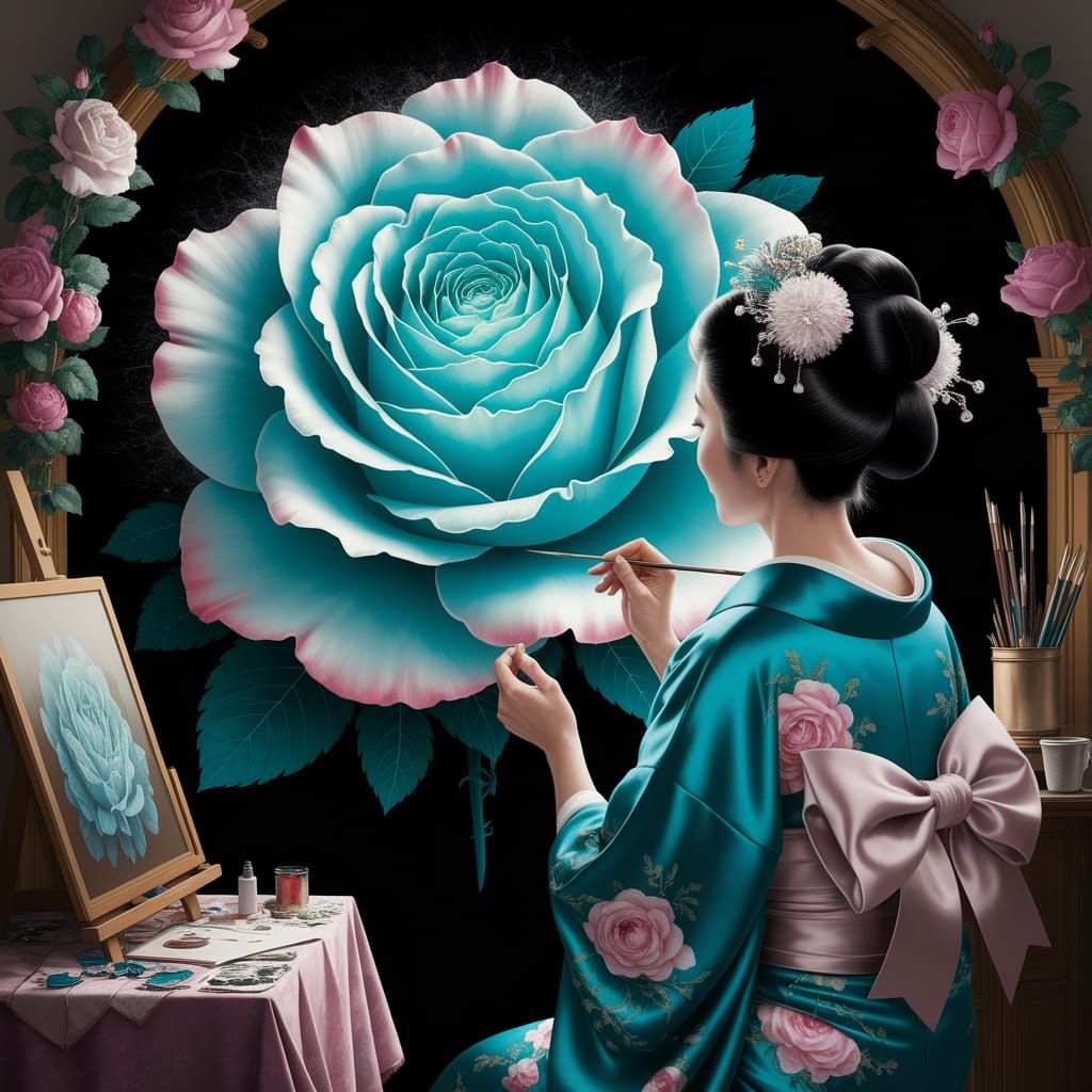 Geisha Painting a Rose Mural in Flemish Style