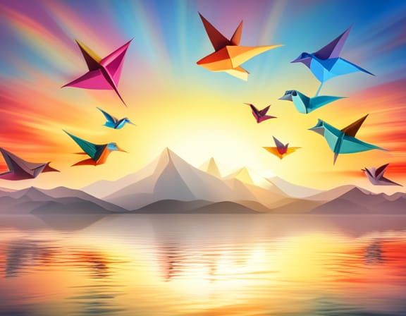 Colorful Origami Birds Flying Over Mountain Lake