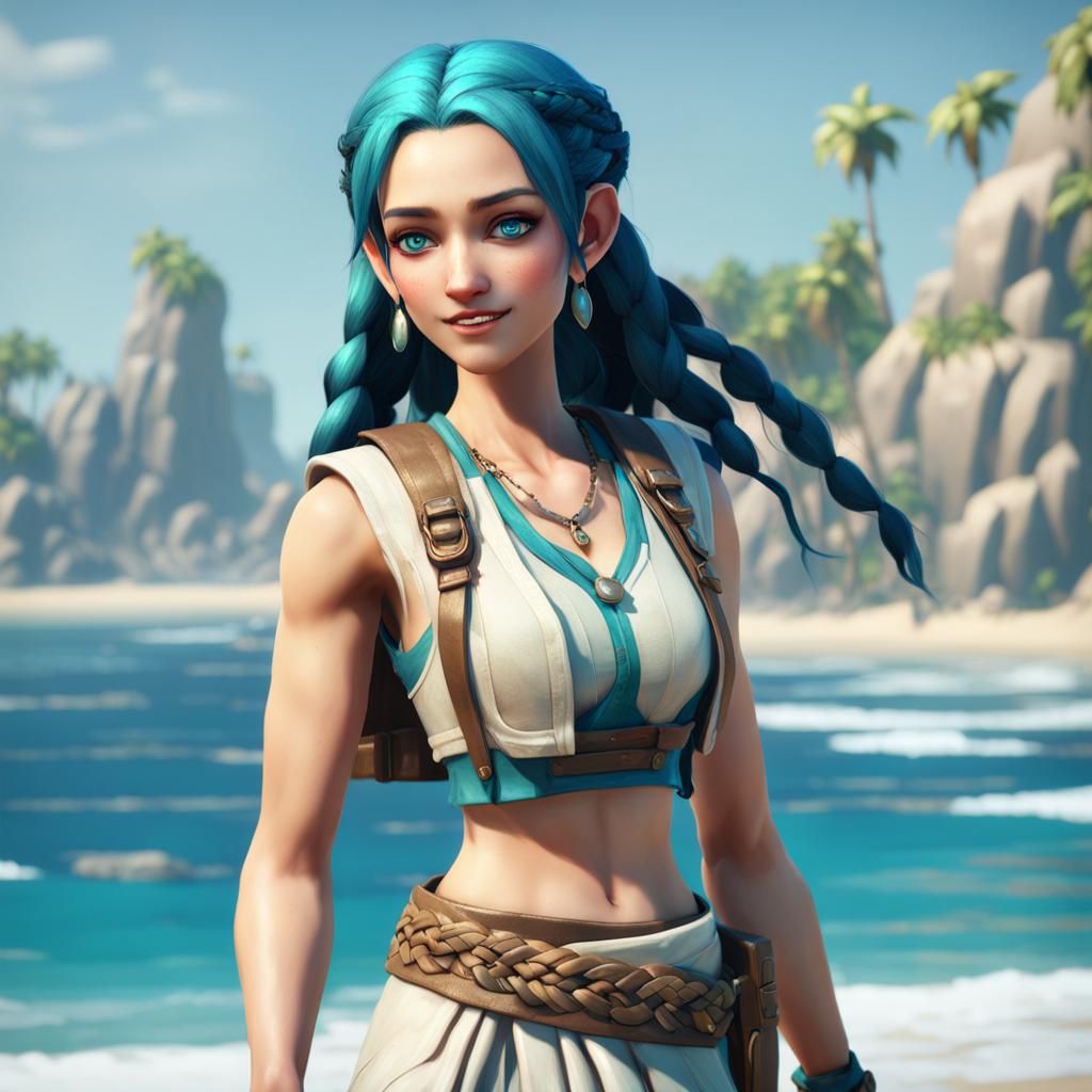 Aqua-Skinned Woman on Beach in 3D Game Style
