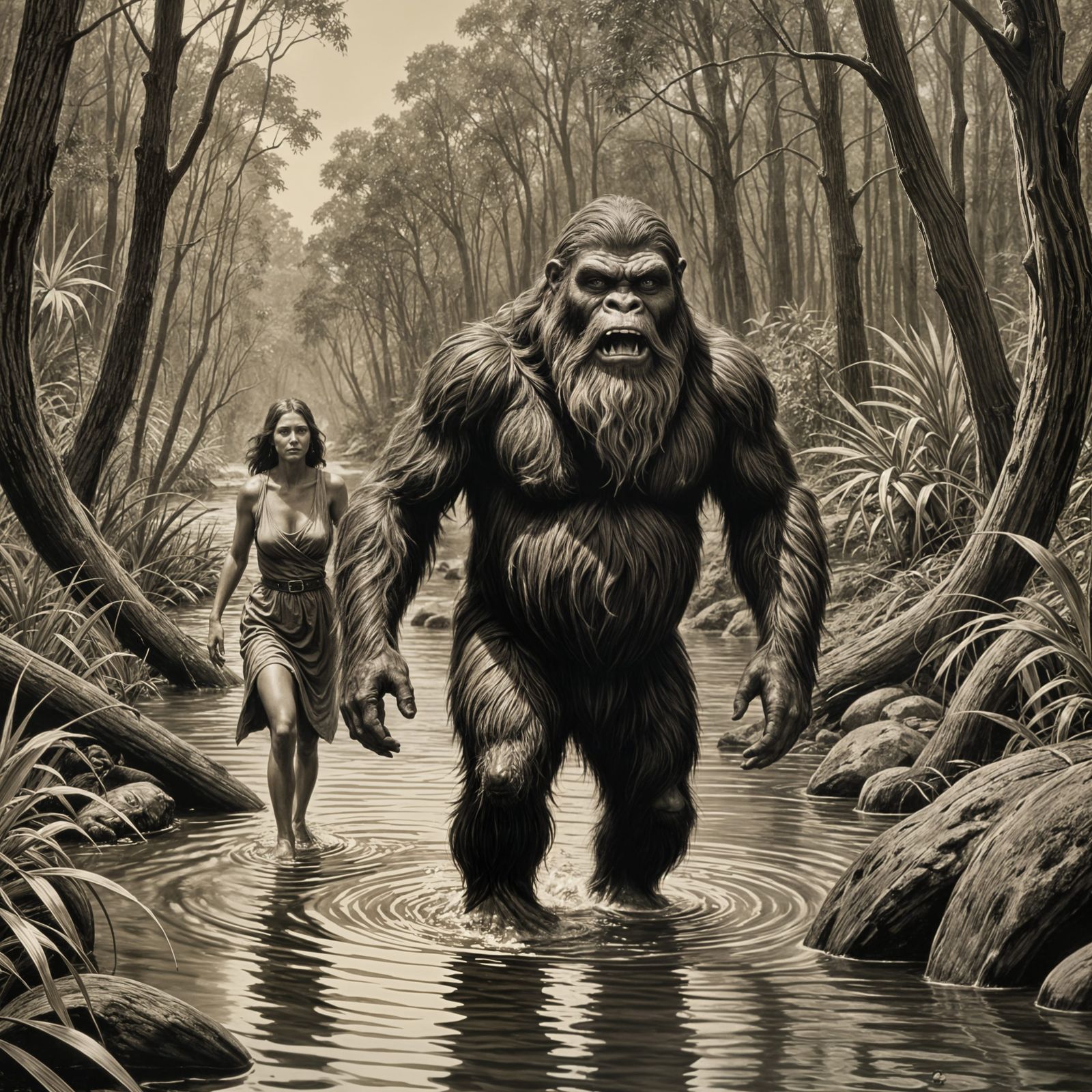 Yowie Sneaks Up on Woman Bathing in Creek - Sepia Photo
