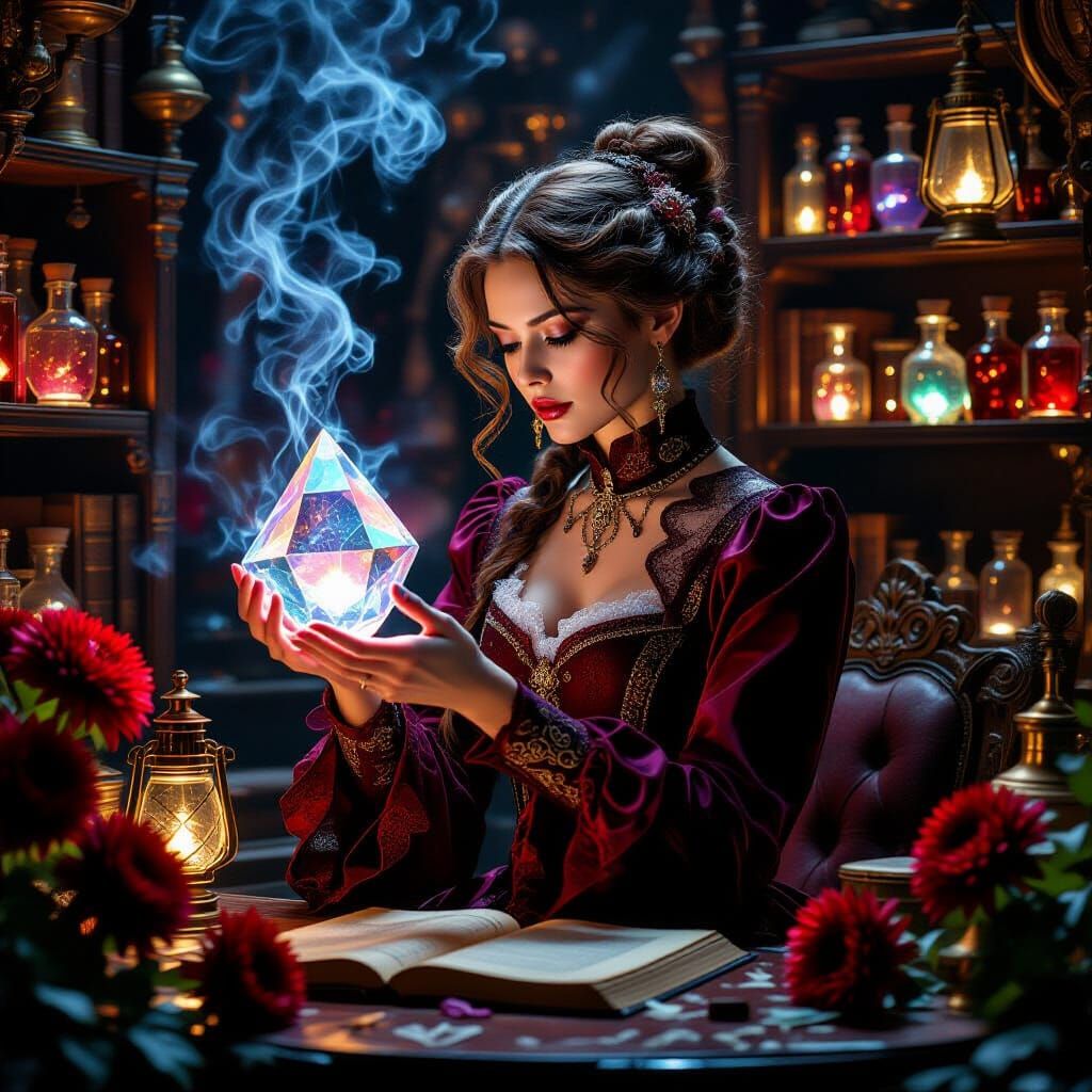 Steampunk Scholar Examining Crystal Prism in Laboratory