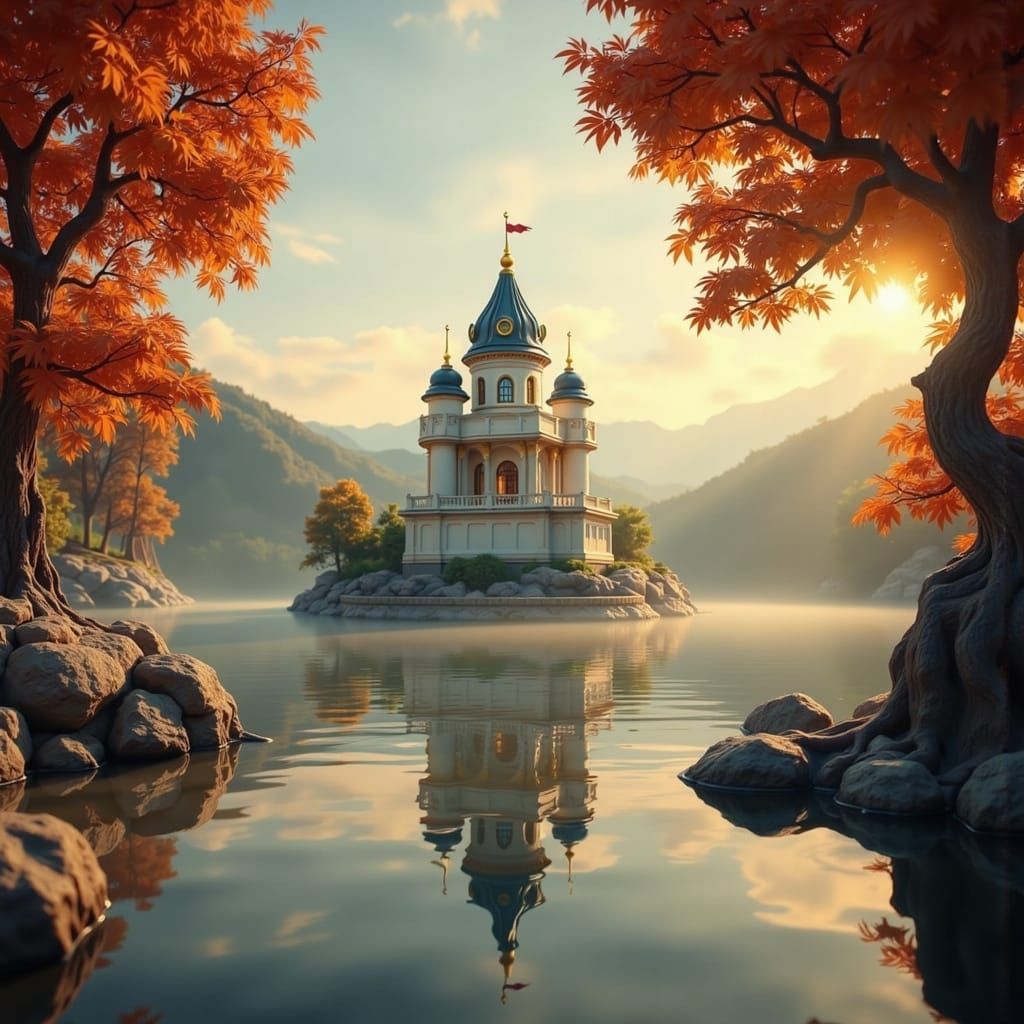 Ivory and Gold Castle by Lake with Willows