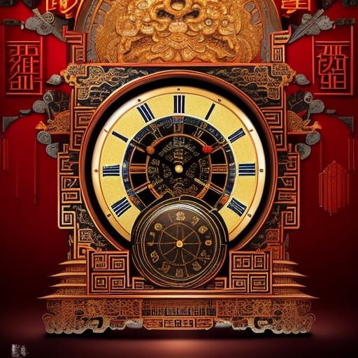 A ancient chinese scientist holding a captivating clock that combining Eastern and Western elements art, showcasing past...
