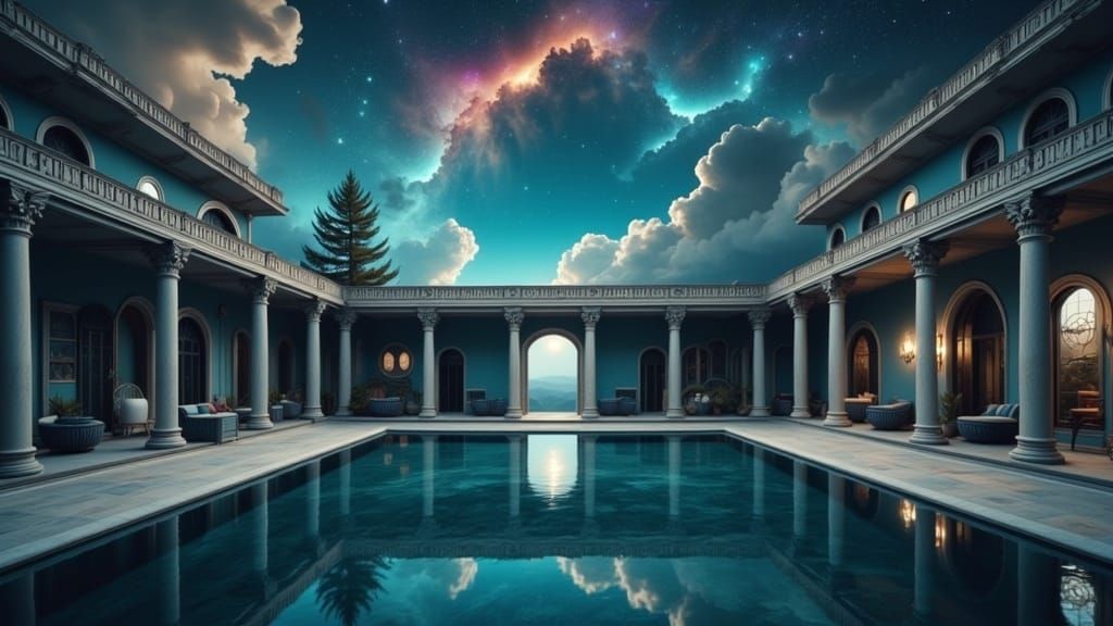 Cosmic Gothic Pool in Starry Nebula Double Exposure